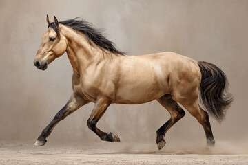 Obraz premium Powerful running horse in motion with flowing mane on neutral background