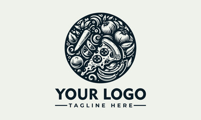 Circular logo design featuring a pizza slice, vegetables, and decorative elements.