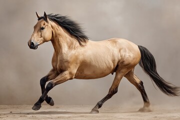 Obraz premium Powerful running horse in motion with flowing mane on neutral background