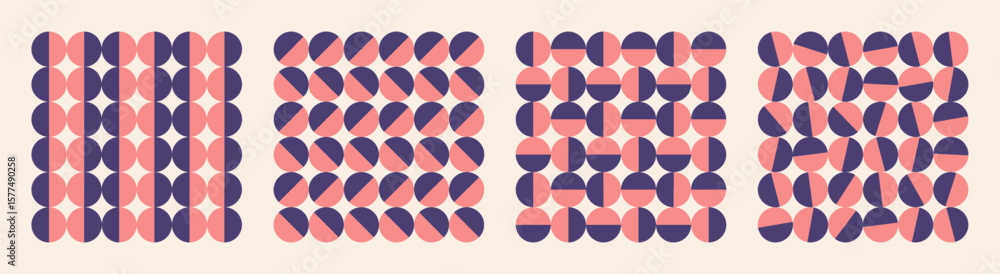 Poster vector graphic seamless pattern set of circles in purple and pink colour palette. split and divided 