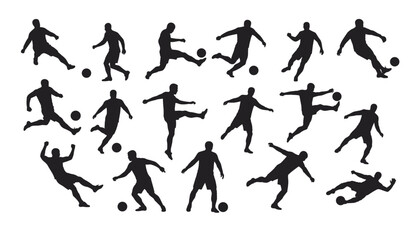 Dynamic Collection of Soccer Player Silhouettes in Action – Featuring Kicking, Running, and Various Game Poses with Balls for Sports and Athletic Designs