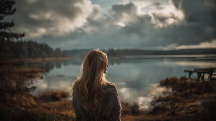 A woman with long blonde hair gazes out at a serene lake under a cloudy sky on an autumn day landscape