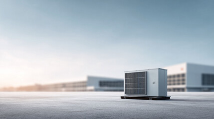 Modern HVAC system on rooftop with building backdrop. Concept for energy efficiency, climate control, sustainability. Use for architecture, industry, or real estate.