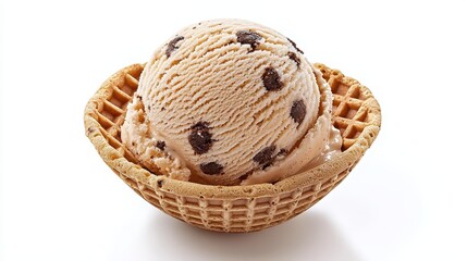 Creamy Chocolate Chip Ice Cream Scoop in a Crispy Waffle Cone Bowl on White Background