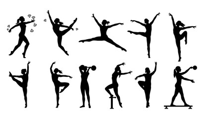 Dynamic Collection of Female Silhouettes in Fitness and Artistic Poses – Showcasing Dance, Gymnastics, and Strength Training for Active Lifestyle and Creative Designs