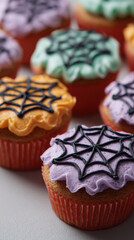 Colorful cupcakes with spiderweb icing for Halloween celebration