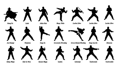 Extensive Collection of Martial Arts Silhouettes ? Showcasing Diverse Combat Sports and Self-Defense Disciplines from Around the World for Training and Cultural Designs.ai