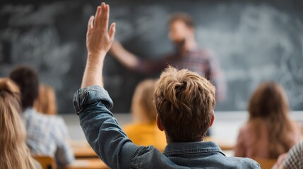 Student raises hand in classroom with teacher near blackboard in a school setting during an education lesson