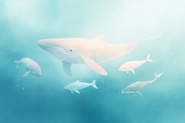 Serene ocean scene with a family of swimming whales