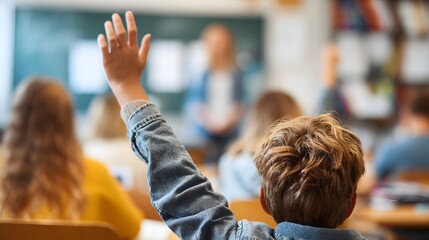 Child raising hand in classroom during lesson with teacher and other students in the background blur