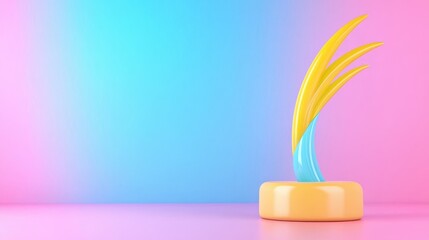 Colorful abstract sculpture with vibrant yellow and blue curves on a pastel background