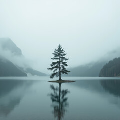 Serene landscape featuring solitary tree on small island in tranquil lake, surrounded by misty mountains and soft reflections