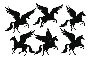 Naklejka premium Collection of Six Majestic Pegasus Silhouettes Mythical Winged Horse Illustrations