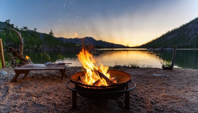 a camp fire in a fire pit located at a campsite