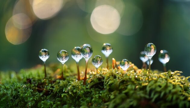 forest floor macro of moss cushions with trumpet lichen cups holding crystal dew spheres evokes peaceful miniature jungle world
