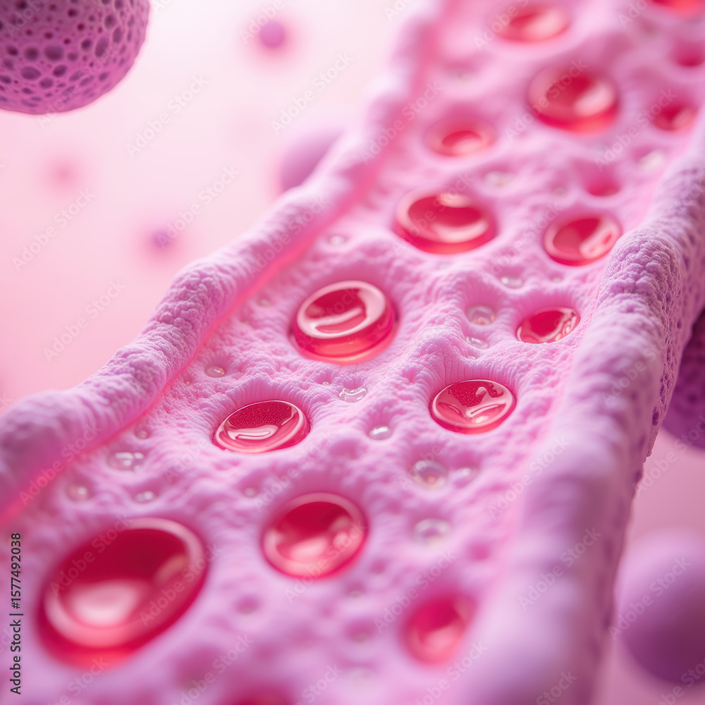 Poster close up view of textured surface with red droplets resembling blood cells, set against soft pink ba