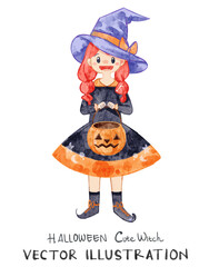 Cute Halloween Character of Witch with Candy Bag Jack o’ Lantern. Watercolor vector suitable for Halloween theme project, cards, sticker, and invitation.