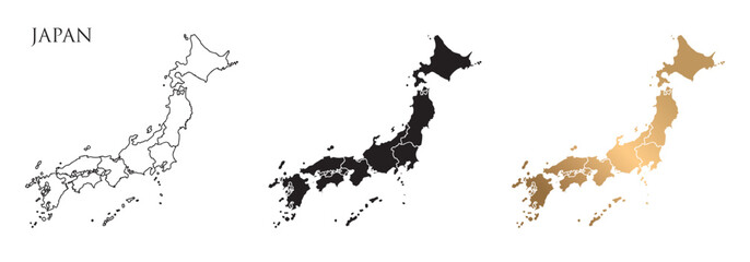 Vector illustration of a map of Japan. There are many styles. Black and gold stroke lines.