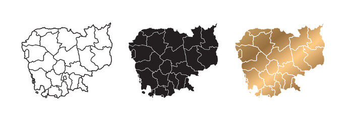 Vector illustration of Cambodia map. There are many styles. Black and gold stroke lines.