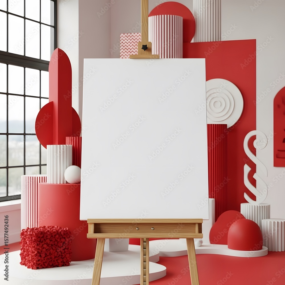 Fototapete white easel with blank canvas in a minimalist studio setting featuring red and white geometric shape
