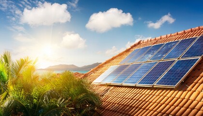 solar panels on a tiled roof sunny day tropical background clean energy