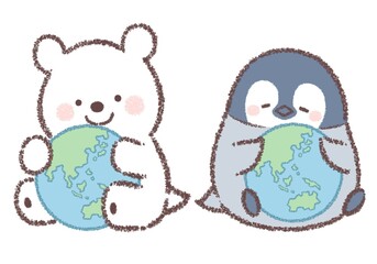 地球を抱く子供シロクマとペンギンヒナのセット
