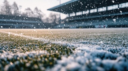 Snowy soccer field, stadium background.