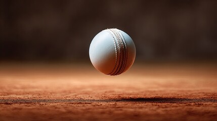 A single white cricket ball in motion mid-air above a clay pitch sharp directional side light casting hard dynamic
