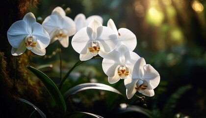 white orchids in a lush dimly lit garden