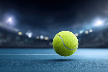 A single tennis ball caught mid-bounce on synthetic blue court under stadium floodlights lens flare from overhead rigging and