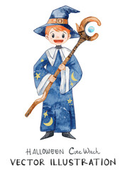 Halloween Character of Wizard Boy holding magic wand in blue costume and hat. Watercolor vector illustration suitable for Halloween theme project, cards, banner, and invitation.