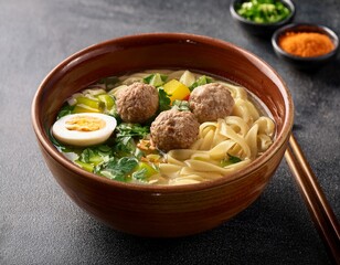 a bowl of bakso is a traditional comfort food that is served with meatballs soup noodles onions and various vegetables