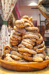 Segovia, Spain - 3 March, 2025: Torreznos, a delicious fried pork belly snack, on sale at a butchers shop in Segovia