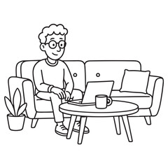 Black and White Doodle of Man Sitting on Couch with Laptop and Coffee.
