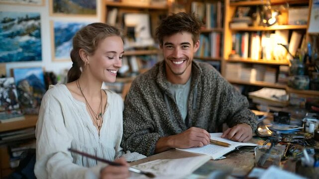 A writer and illustrator discuss book pages in a cozy creative space filled with sketches and books