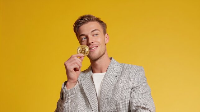 Stylish guy holding Bitcoin coin