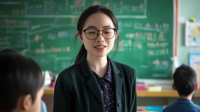Asian Female Teacher Smiles at Students in Classroom