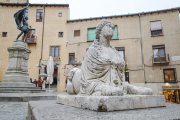 Segovia, Spain - 3 March, 2025: Sirenas de Segovia Sculpture (Segovia Mermaid) and Plaza Medina del Campo, Segovia