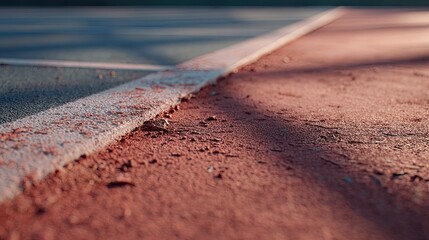 court edge with shoe scuff marks and debris near sideline cinematic side-lighting from low afternoon sun dusty red tones