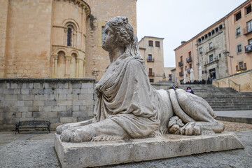 Segovia, Spain - 3 March, 2025: Sirenas de Segovia Sculpture (Segovia Mermaid) and Plaza Medina del Campo, Segovia