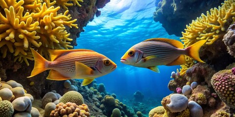 Obraz premium Oceanic Life Two Vibrant Reef Fish Encounter Amidst a Lush Coral Garden