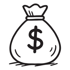 Hand drawn doodle illustration of a money bag with a dollar sign, shaded with crosshatch and pencil style texture.
