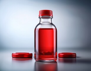 a vibrant red liquid in a glass vial with a red cap perfect for showcasing beverages syrups or medicinal products