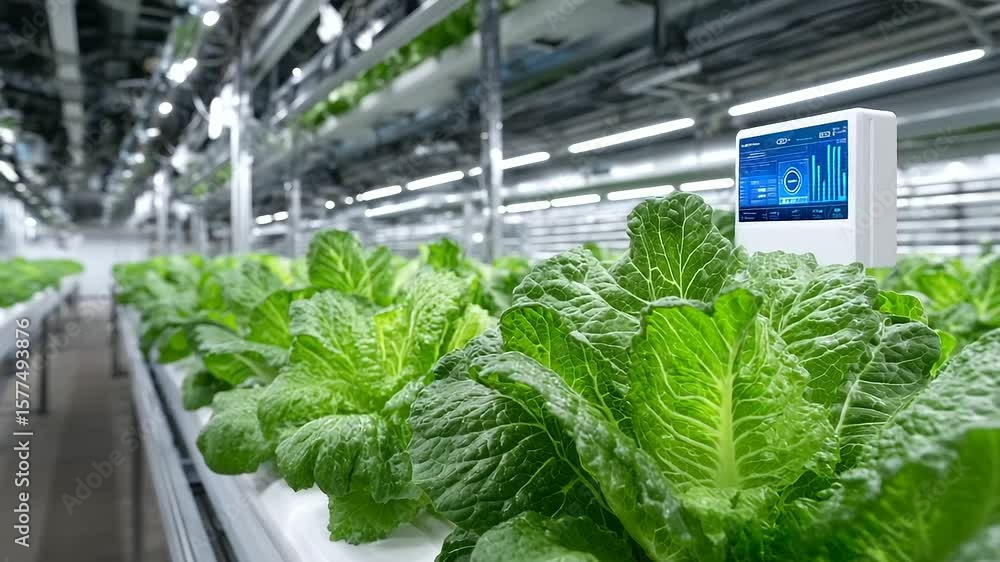 Poster an automated vertical farm using led lighting and hydroponics to grow leafy greens, monitored by ai-