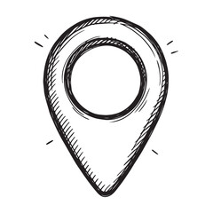 Black and white hand-drawn sketch of a location pin icon. Ideal for use in maps, navigation apps, travel-related designs, infographics, and digital interfaces.