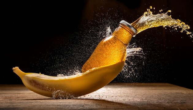 a banana shaped bottle bursts through its peel while skating on a half pipe splashing golden juice with style and energy