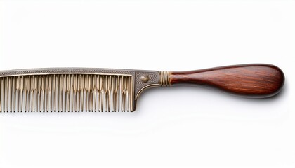 vintage metal hair comb with wooden handle isolated on white background