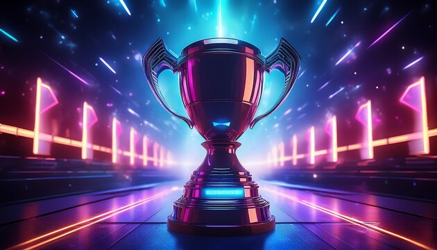 e sports trophy against a futuristic neon lit night sky created with generative ai technology