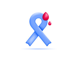 Illustration of a blue ribbon with blood drops, a diabetes awareness symbol concept. World Diabetes Day. Support and health. Symbol or icon. Minimalist 3D style design. Asset elements