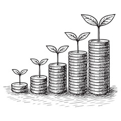 Hand Drawn Sketch of Growing Money Stacks with Plants. Financial Growth Concept Illustration.